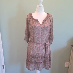 Old Navy Brown And Pink Floral Midi Dress With Rifles Hem And Neckline Size M
